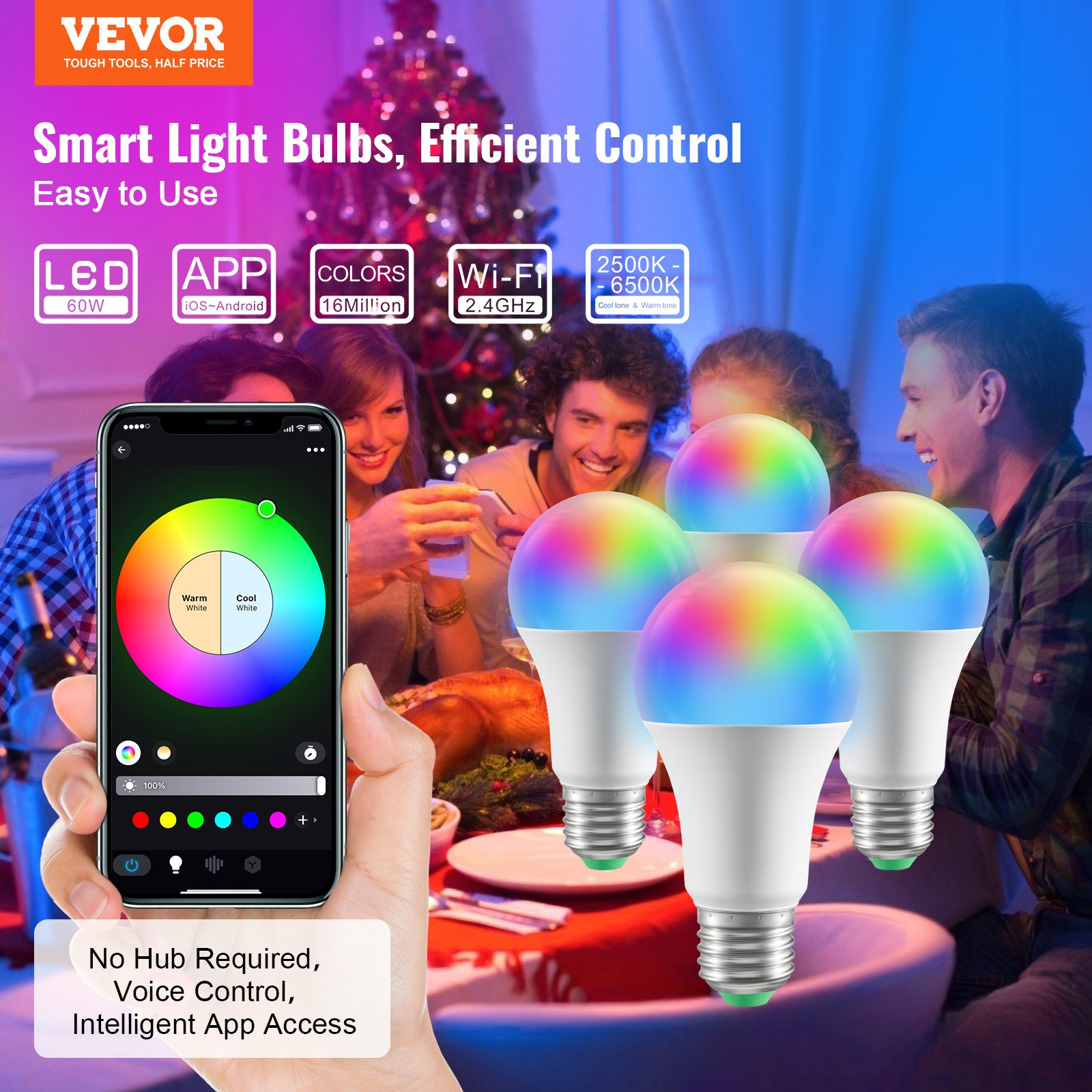 Colorful RGB smart light bulbs glowing — smart home tech